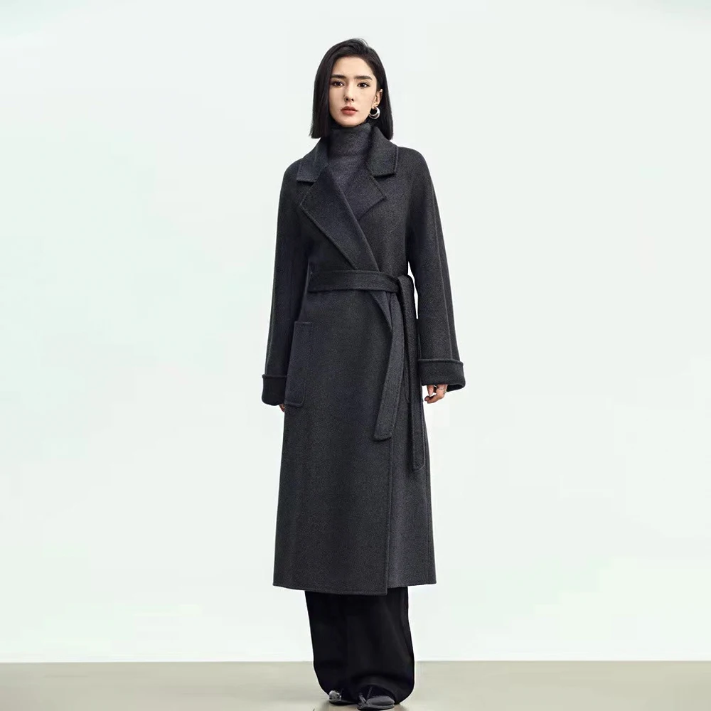 High Quality Solid Cashmere Coats for Women Elegant Luxury Blend Trench Coat Belted Solid Color Elegant Overcoat