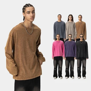 Wholesale Custom 100% Cotton 270Gsm Acid Washed Long Sleeve Streetwear for Couples Solid Color Knitted T-Shirt