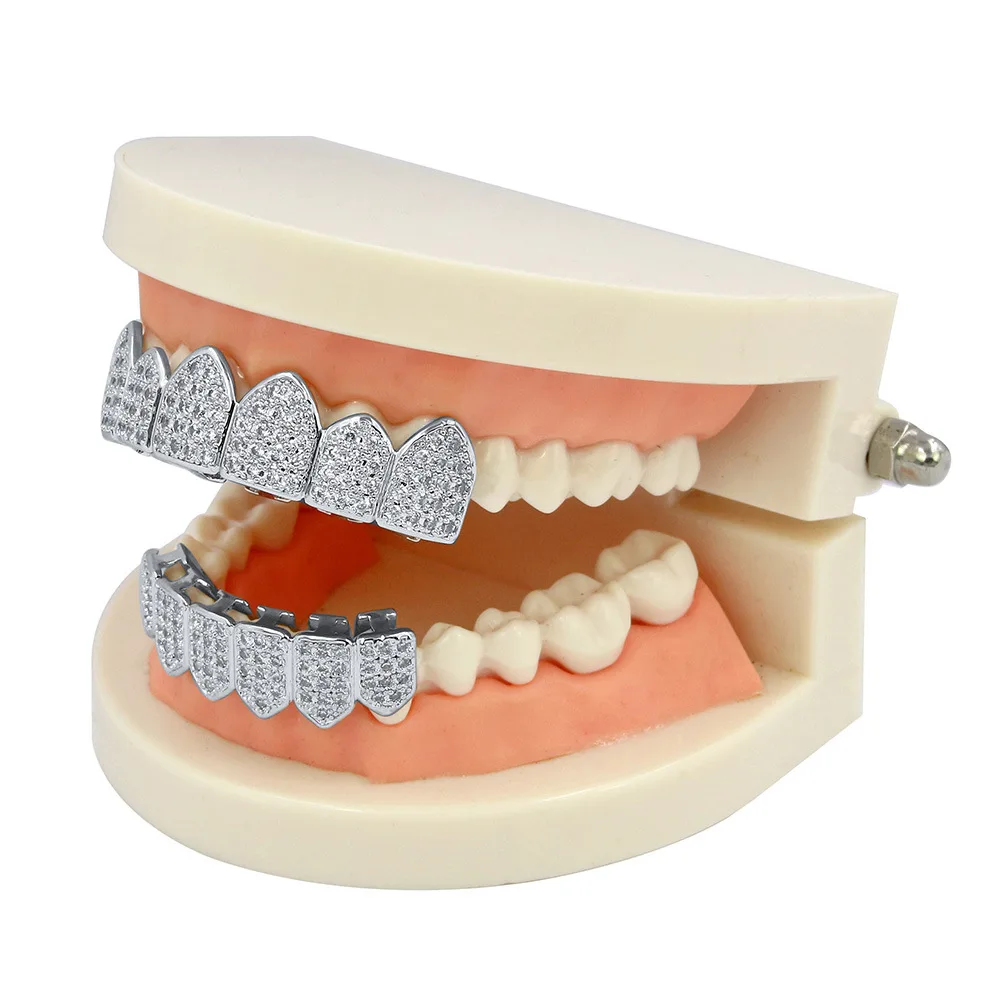 Gold Silver-Plated Hip Hop Teeth Grill All Iced Out CZ Stone Micro Paved  Men Women's Top\u0026Bottom Grillz Bling Set, image size:1001x1001