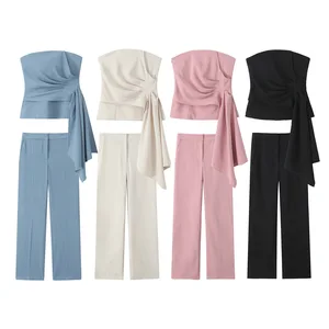 2025 Fashion Women Draped Strapless Bustier Tops and High Waist Side Pockets Flared Pants Mujer Female Two Piece Sets