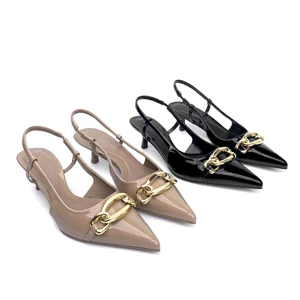 ZAZB Brand Women's Customized Leather Metal Buckle Decoration with Middle Heel Sandals Slim Fit Wedding Bride Elegant Woman