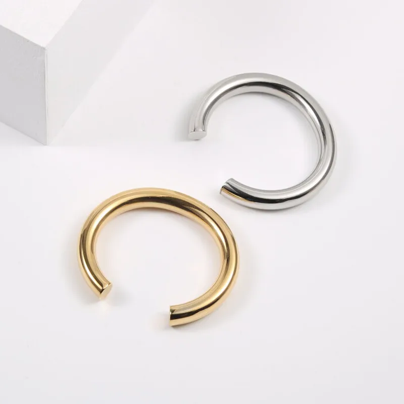 Wholesale Custom Logo Polished Jewelry Women 18K Gold Plated Stainless Steel C Shaped Open Bracelets Bangle