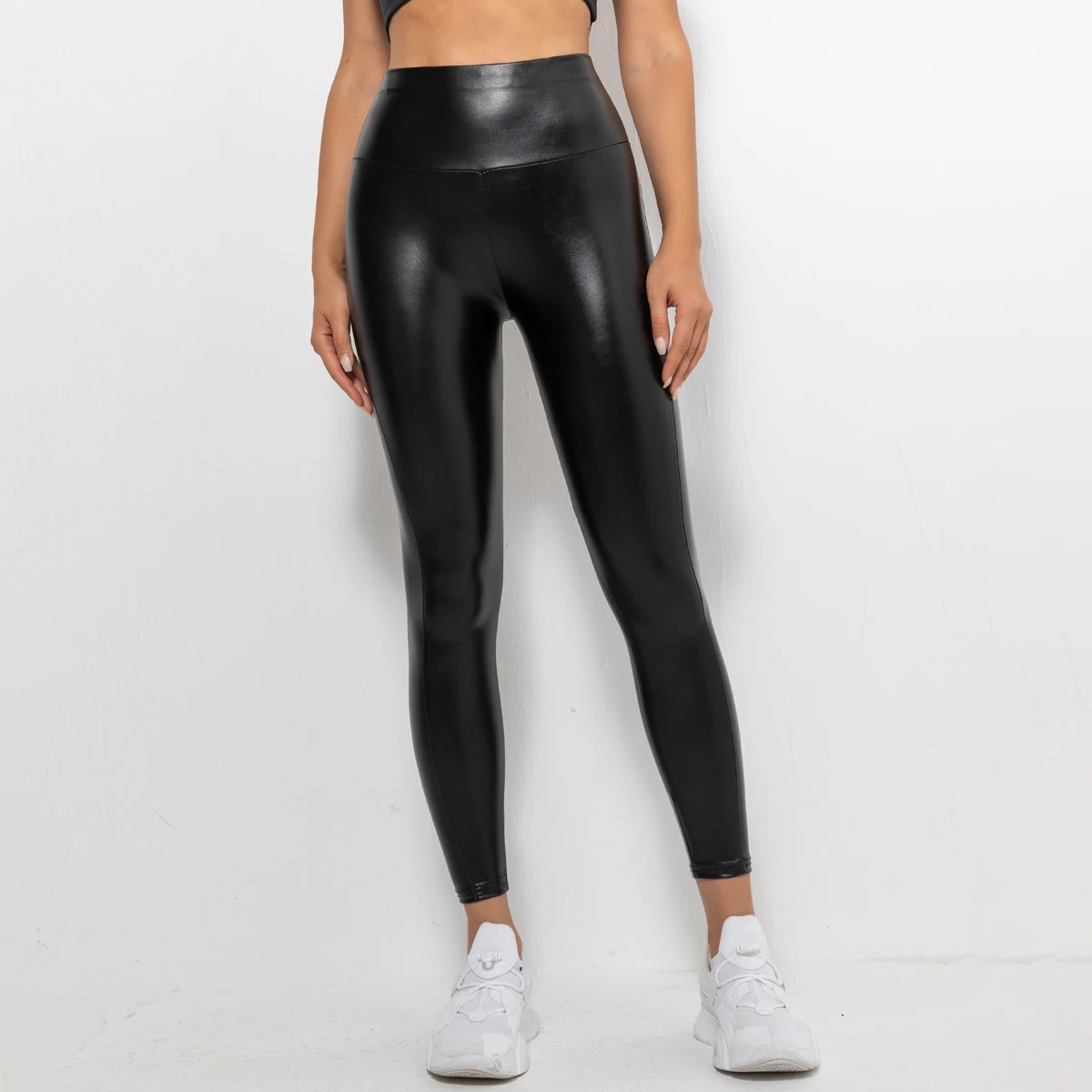 Women Black Pu Leather Leggings Skinny Slim High Elastic Faux Leather ...