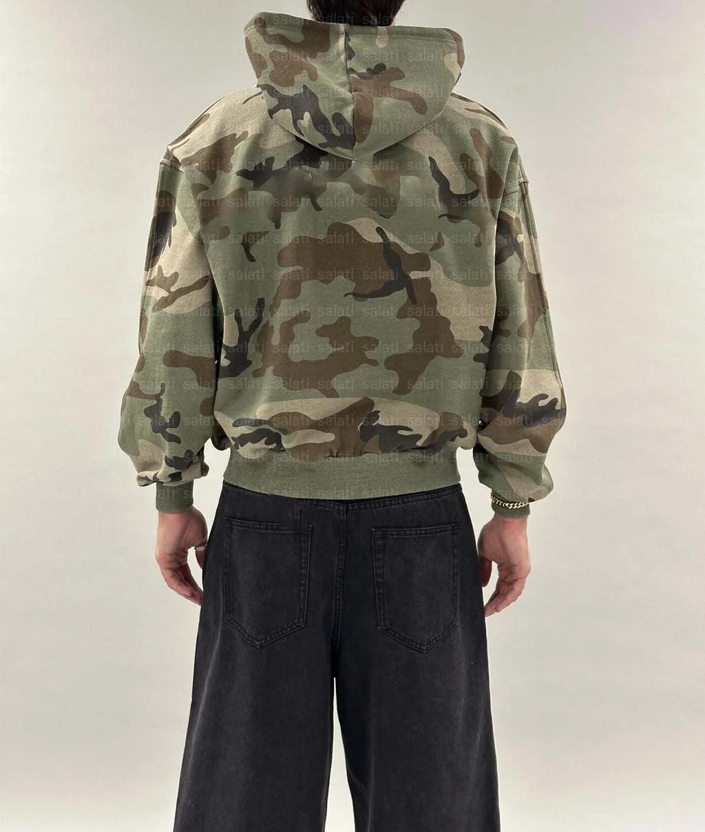 Salati Wholesale Streetwear Sweatshirts Double Zip up Dtg Printed Boxy Fit Cotton Camouflage Cropped Camo Hoodie for Men Stylish gallery 3