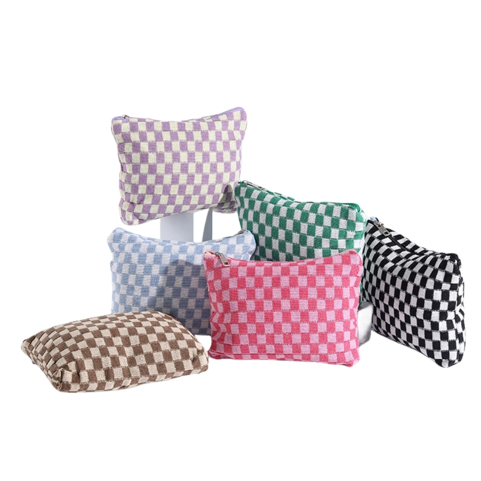 Popular Colors Checkered Board Makeup Bag Knitted Zipper Skincare Storage Bag Portable Large Capacity Cosmetic Bag for Makeup
