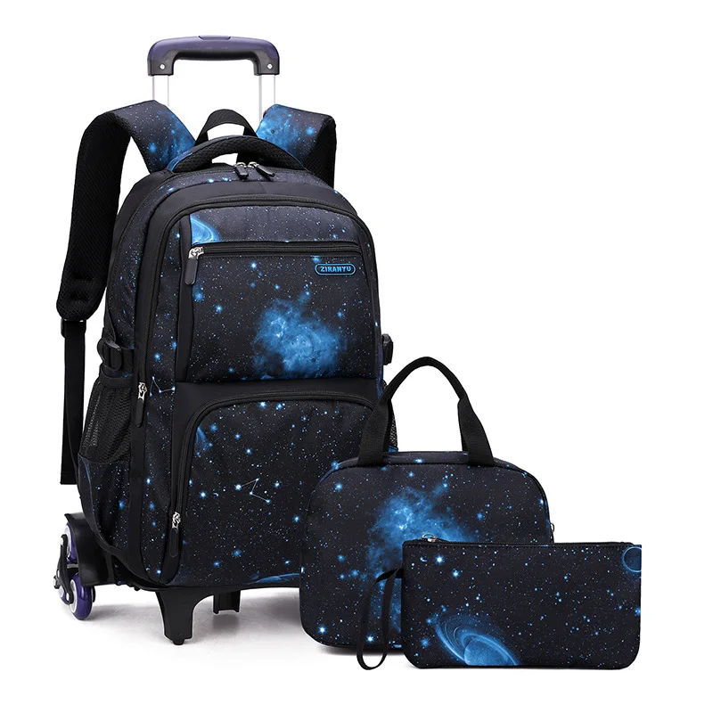 Large Capacity Middle School Three-Piece Set Pull-Pole Stair Climbing Wheels Practical School Bag for Students