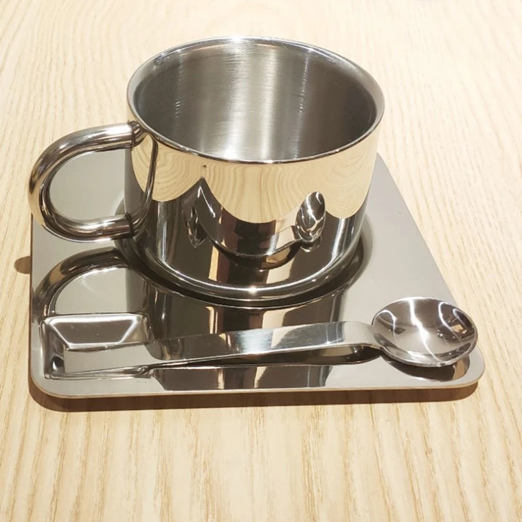 Steel Coffee Cup with Square Saucer & Spoon