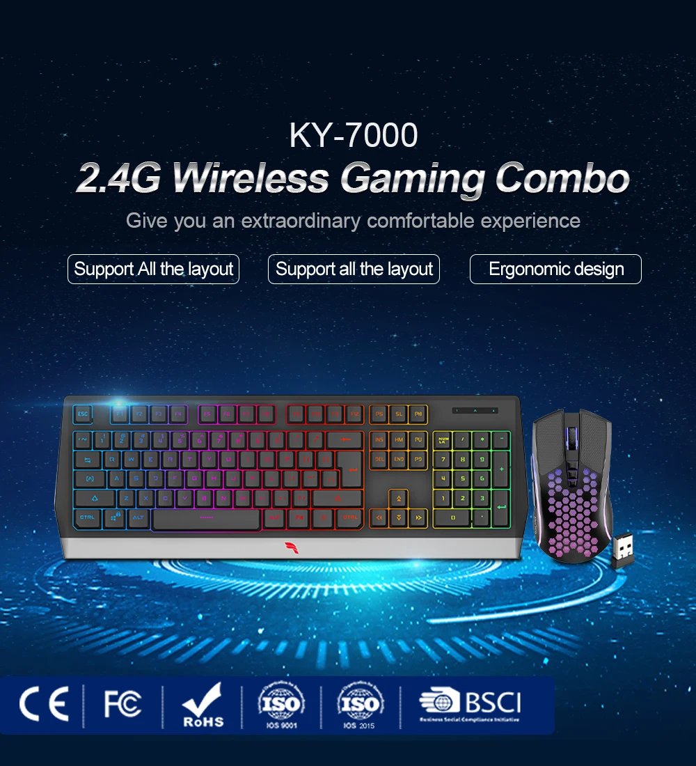 Wireless Keyboard And Mouse Combo 2.4g Rgb With Holes Ergonomic Right