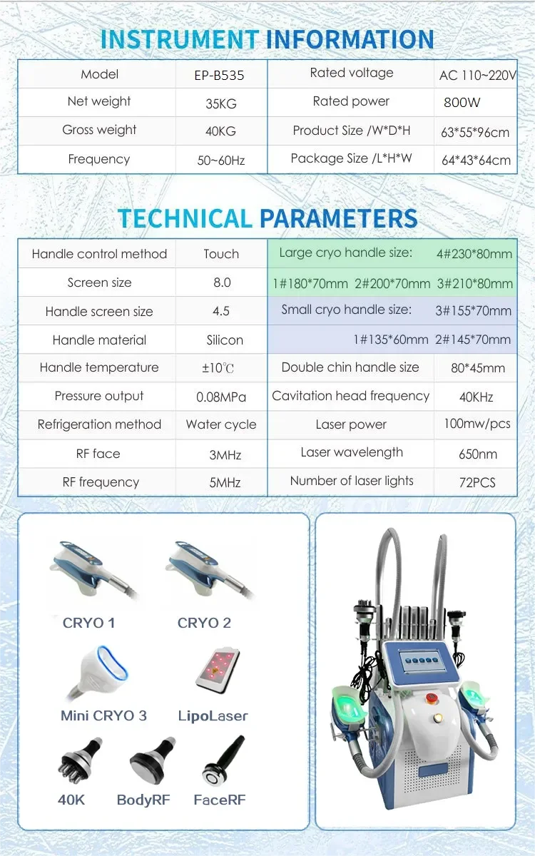 <p data-pm-slice="1 1 []">The <strong>360° Cryolipolysis and Body Sculpting Machine</strong> combines controlled cooling with multiple aesthetic technologies in one professional system. Equipped with large and medium cryolipolysis heads, a 40 kHz ultrasonic cavitation handle, 6-polar body RF, face RF, and eight large lipo laser pads, it gives beauty salons, med spas, and aesthetic clinics a versatile platform for body contouring and skin-firming service programs.</p> Featuring an 8-inch touchscreen, this multifunction aesthetic machine supports a more organized treatment workflow while helping businesses expand their body and facial treatment menus without purchasing separate devices for each modality. 360° Cryolipolysis and Body Sculpting Machine with Cavitation RF & Lipo Laser