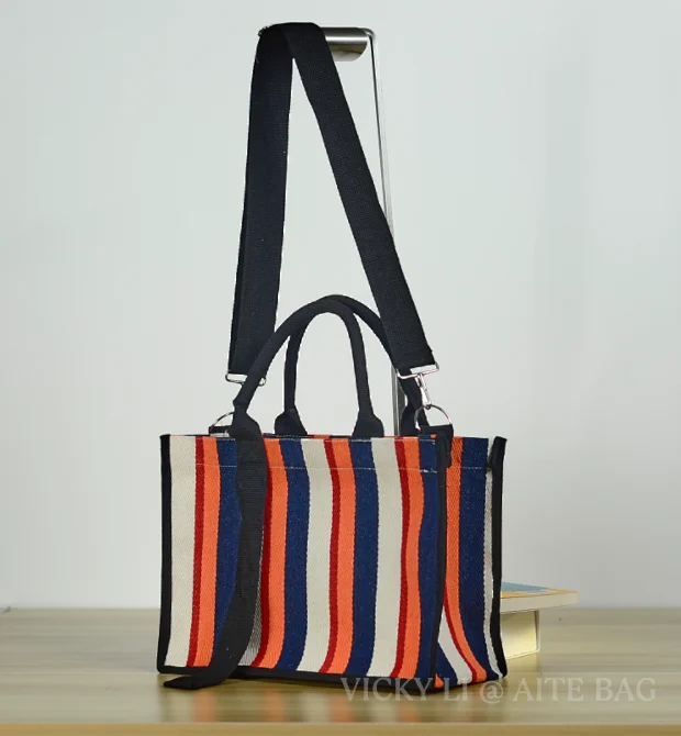 Reusable Stripe Large Capacity Custom logo  with Cotton Tissue Waterproof  Canvas Shopping Tote Yoga Travel  Bag