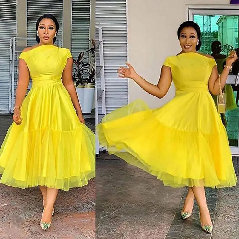2022 Summer Short Sleeve Cold Shoulder Solid Color Neon Yellow Slim Fit Mid-waist Plus Size Ruffle Mesh Casual Dress