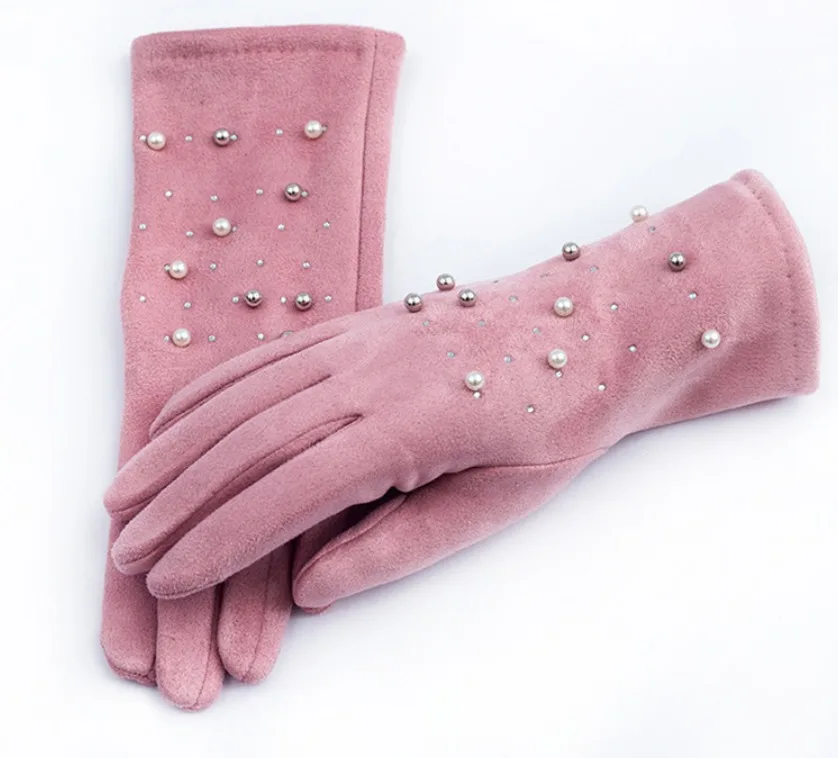 Женские зимние перчатки из искусственной замши с отделкой жемчугом и стразами