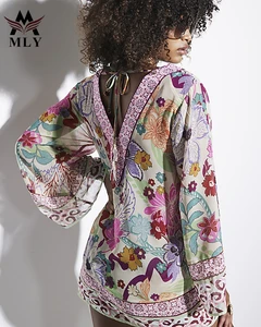 MLY Custom New Sexy Print Bikini Beachwear Long Sleeve Cover up Dress Bikini Set