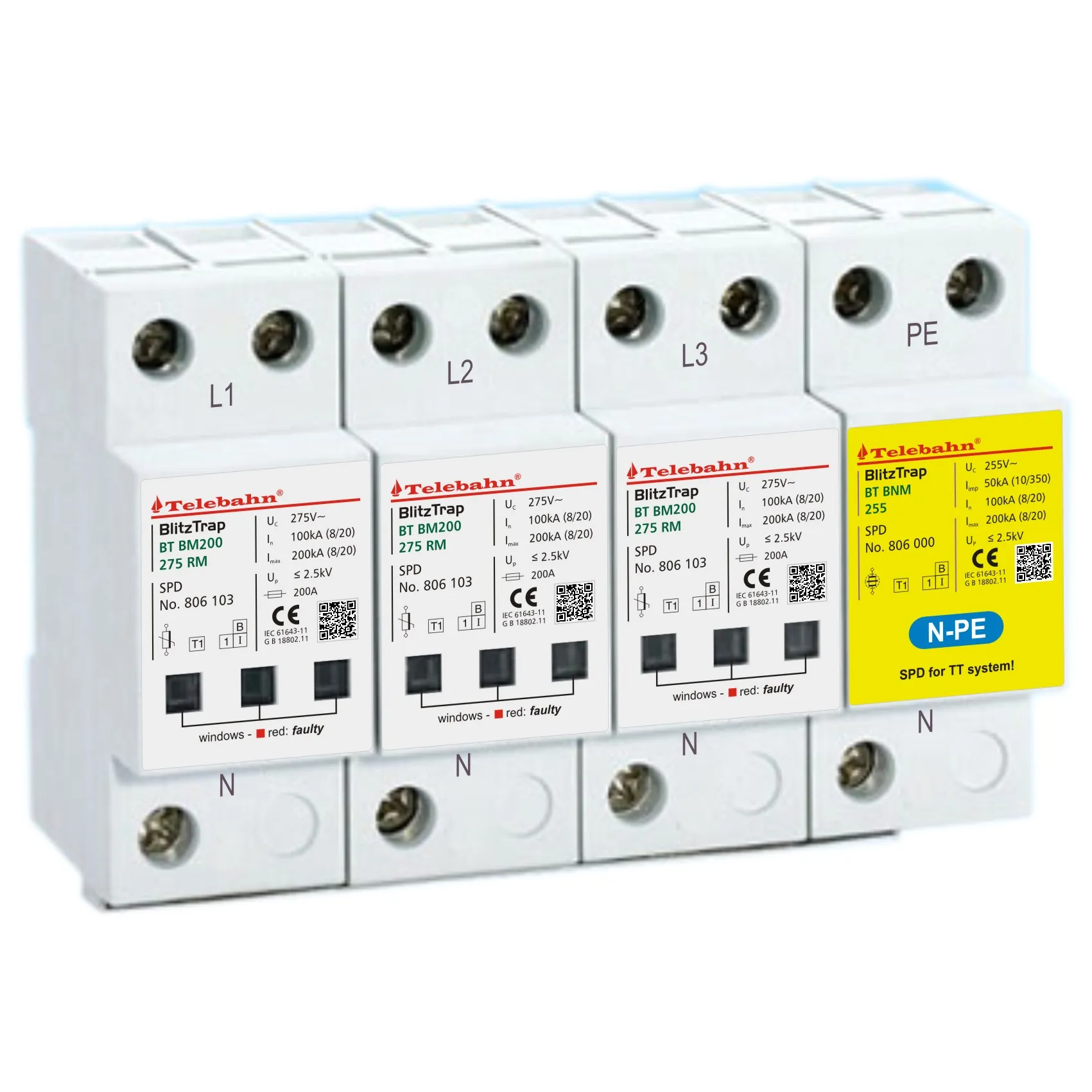 Power Surge Protection T1 100kA 200kA AC 275V for 3 phases TN-S/ TT 3+1 Circuit System SPD Lightning Protectors