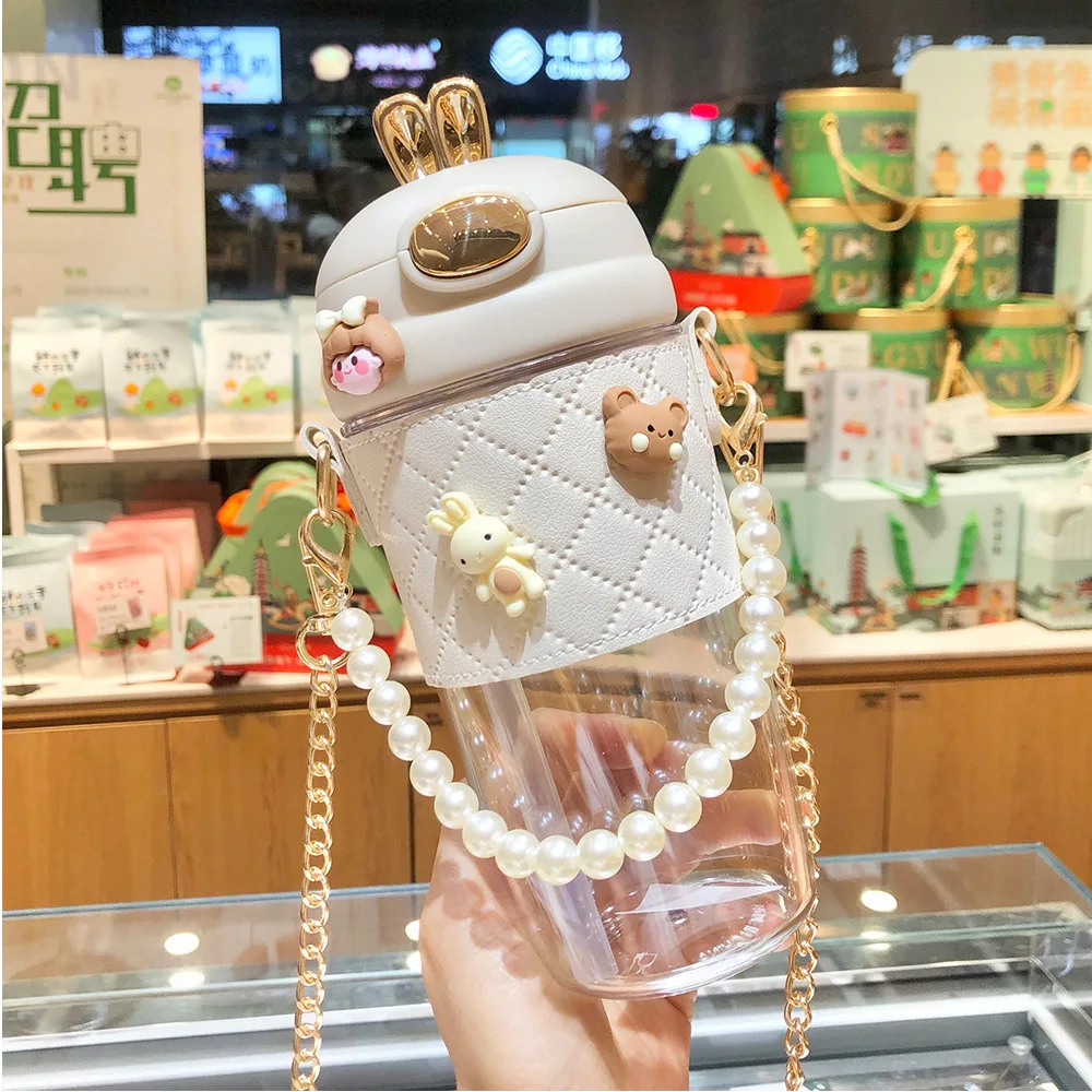 Children's 380ml 580ml Cute Rabbit Ear Plastic Water Cup Girl Kids Portable Plastic Bottle With Straw Pearls Metal Chain Strap