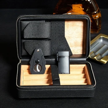 Portable Modern Leather Cigar Case Cedar Wood Cigar Travel Humidor With Luxury Cigar Lighter And Cutter Set