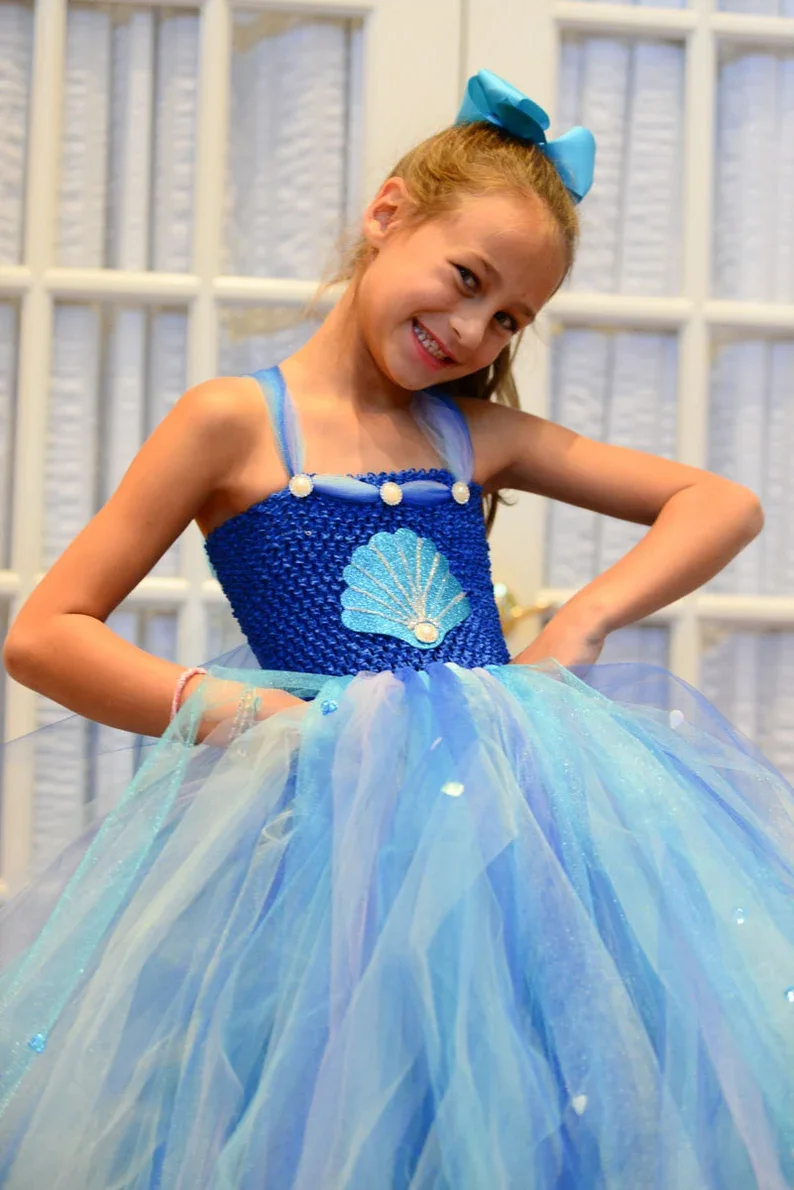 Wholesale Royal Blue Aqua Turquoise Lavender Princess Tulle Ball Gown  Sequin Sea Mermaid Tutu Dress for Girls