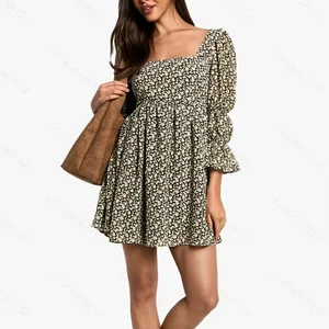 Stylish Casual Women's Square Neck Dress Floral Print Mini Polyester Natural Breathable Washable ODM Service Available