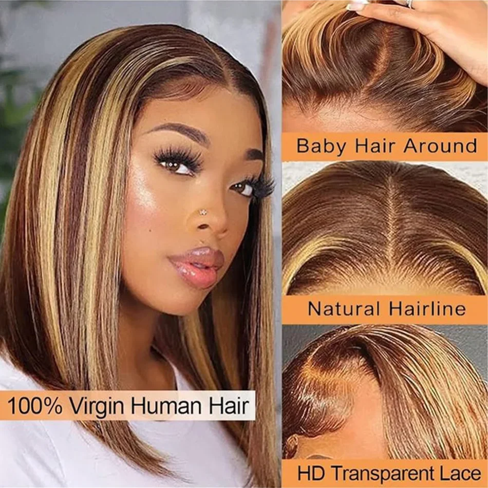 100% Human Hair Straight Short Bob Wigs Highlight 4/27 Peruvian Remy Human Hair Lace Wig for Women Daily Use_voghion.com