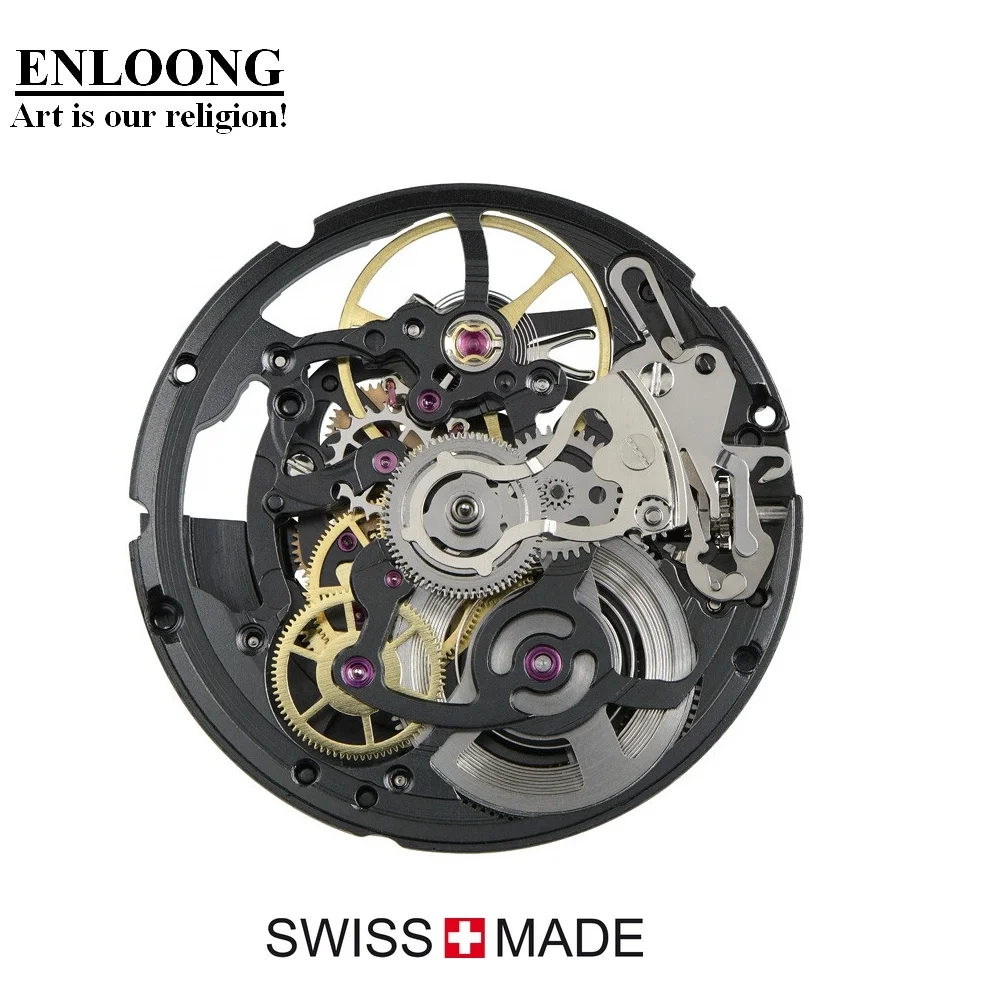 
ENLOONG Customized Swiss Made Skeleton Watch Movement Automatic with 26 Jewels STP6-15 Black Mechanical Watch Movement Swiss 