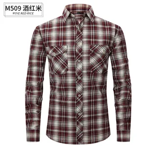 Men's Long-Sleeved Casual Flannel Wool Plaid Shirt Slim-Fit Double Pocket Spring/Summer Fashion Anti-Wrinkle Twill Fabric