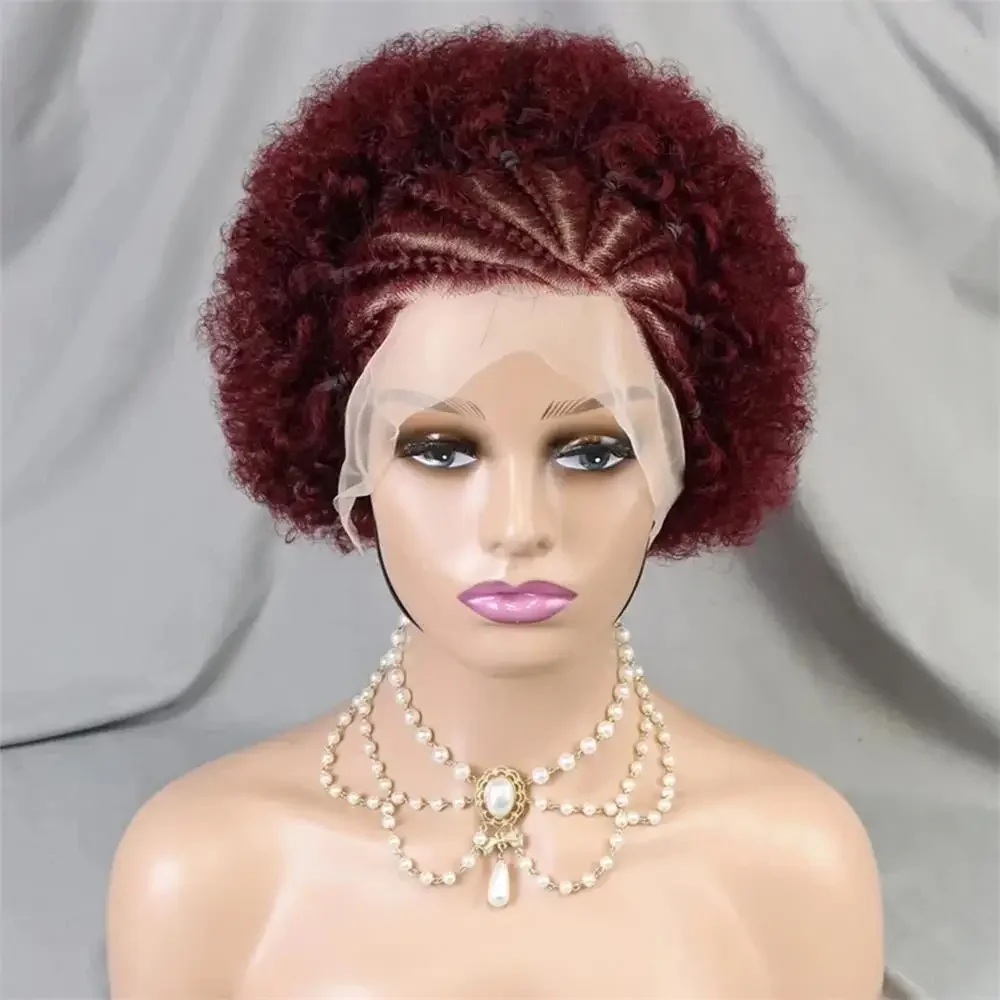 99J Bourgogne Faarf 210% Dicht Afro Kinky Curly Mënschlech Hoer Perück mat Zöpfe Bouncy Curly Bob Perück fir Fraen_voghion.com