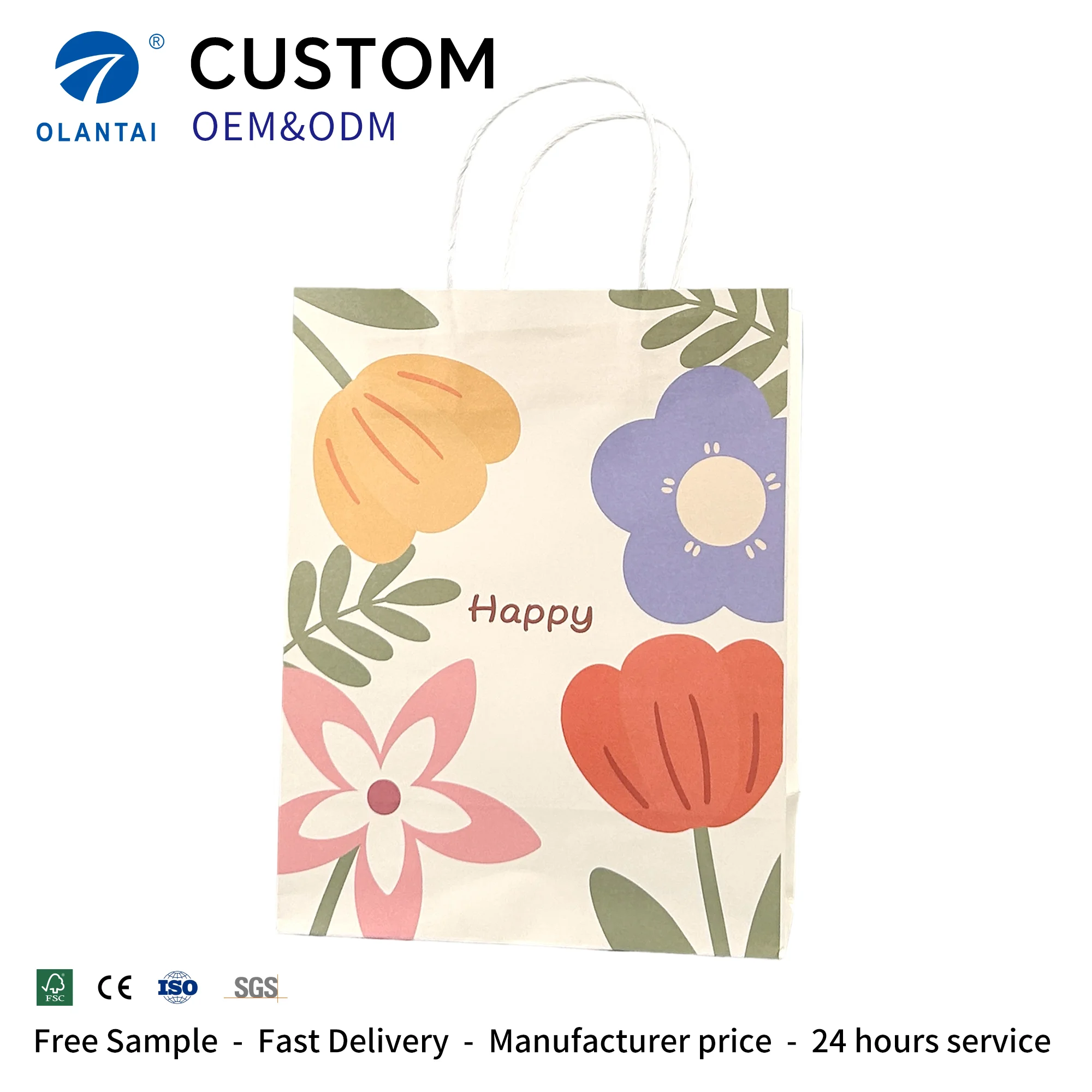 Custom Printed Logo Luxury Kraft Paper Bag Ribbon Handle Recyclable Durable Offset/Flexographic Printing Classic Style Packaging