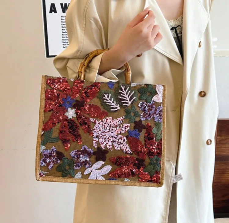 Rattan Handle Sequin Floral Beach Tote Bag - Handmade Vacation & Wedding Party Bag