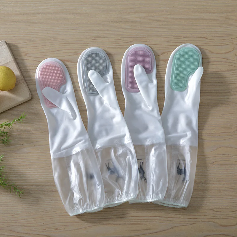 Бытовые перчатки, перчатки для мытья посуды с односторонней силиконовой щеткой и растягивающимися манжетами