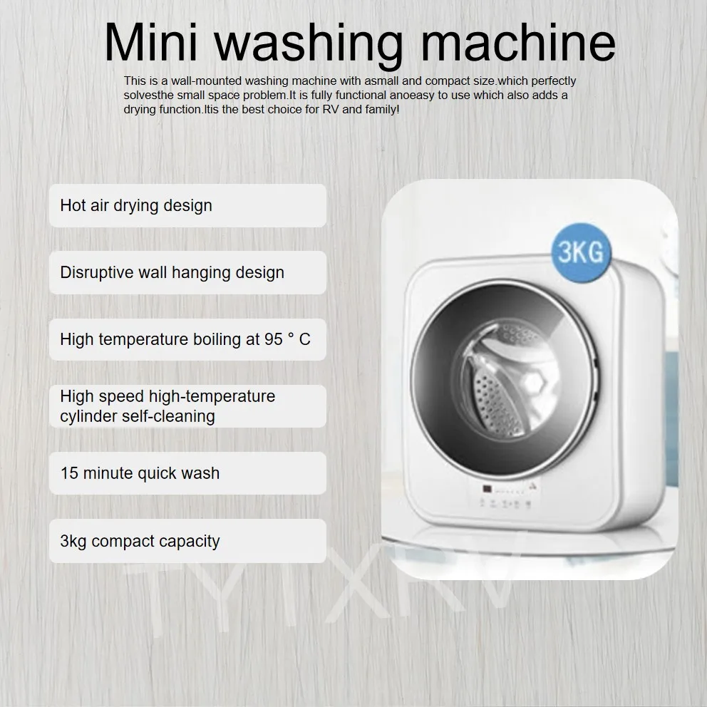 HEYRV 3KG Camping RV Automatic Washing Machine with Dryer Portable Front Loading Washing Machine for Home Caravan Travel