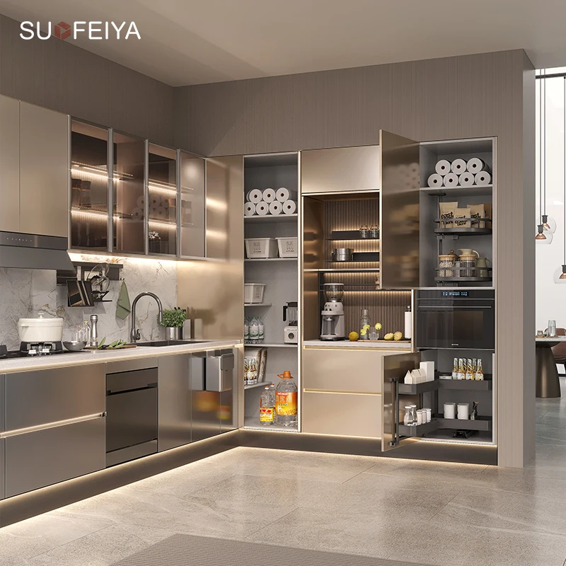 Factory Supply Customized Smart Joinery Durable High Gloss Grey UV Lacquer L-Shaped MDF Kitchen Island Cabinet for Dubai
