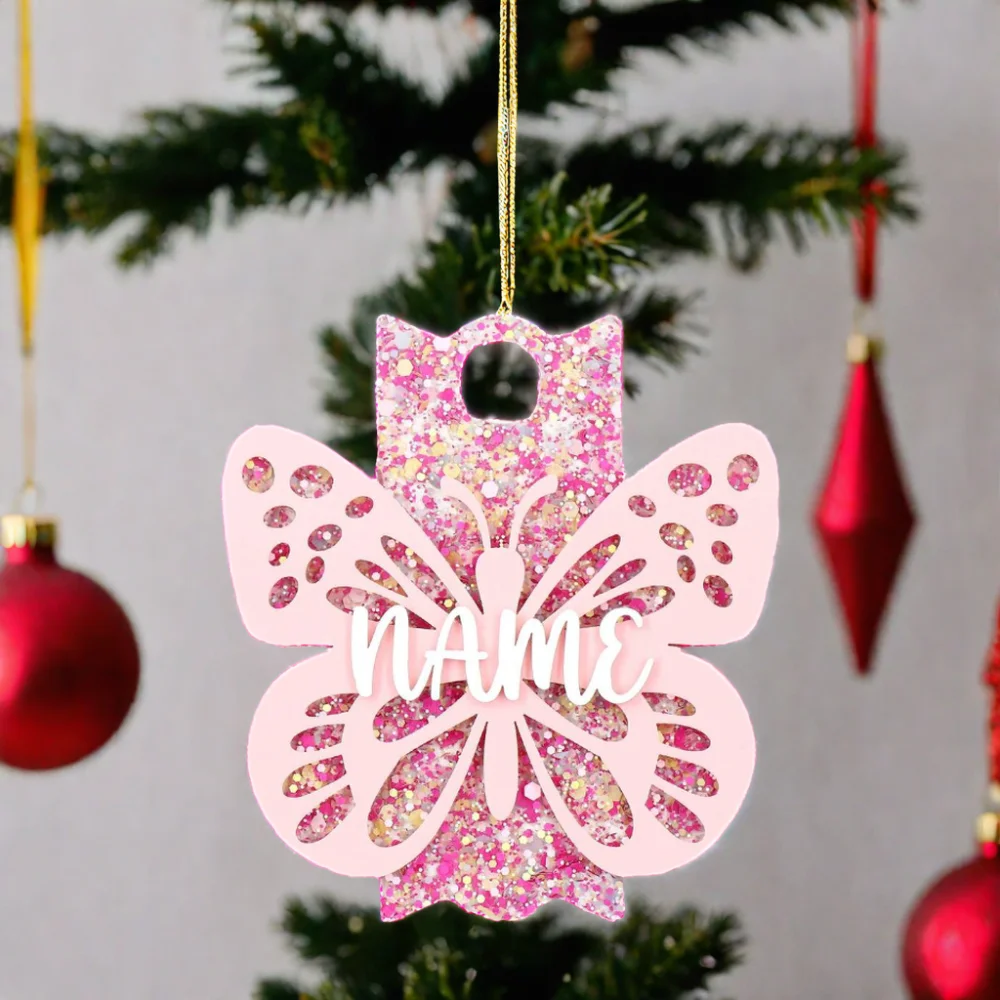 YYXCH1546 High Quality Acrylic Tumbling Cup with Laser Cutting Pink Butterfly Nameplate Plate for Christmas Tree Ornaments details