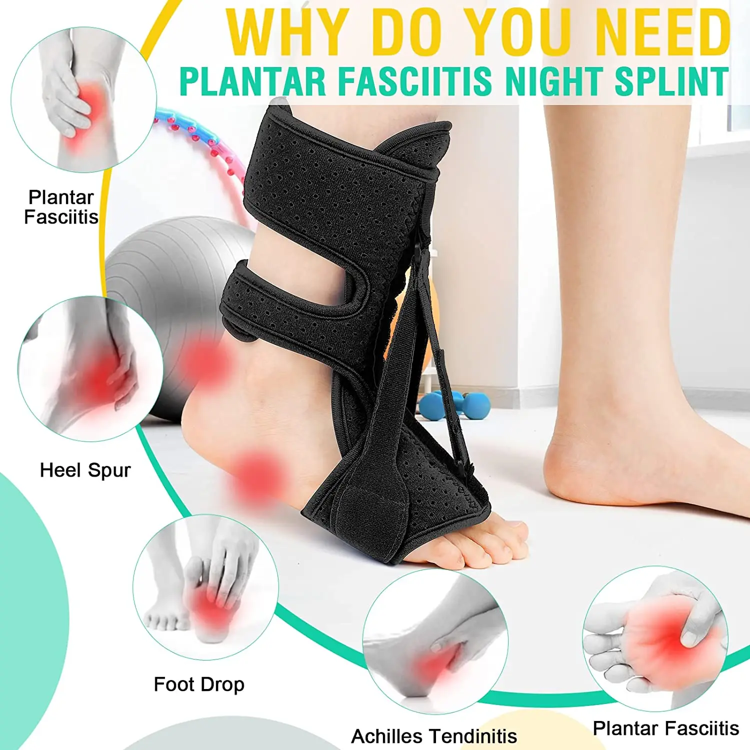 3 Adjustable Straps Plantar Fasciitis Night Splint Foot Drop Orthosis ...