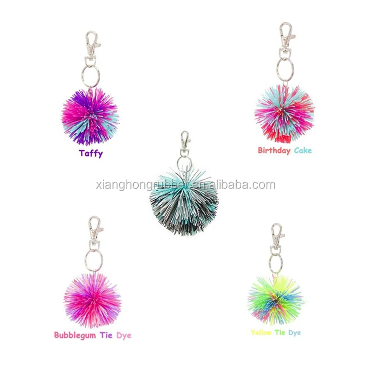 Funny Customized Rainbow Color Silicone Pom Pom Key Chain Tie Dye Yummy Gummy Key Ring