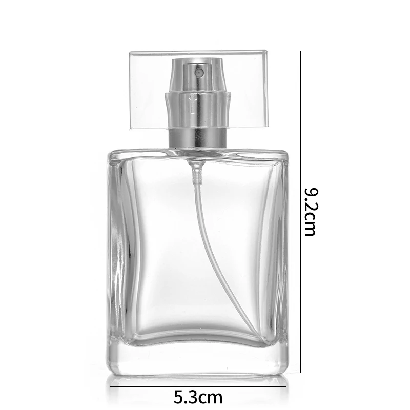 Engros gennemsigtig firkantet tom 50 ml Cologne parfume glasflaske med akrylhætte