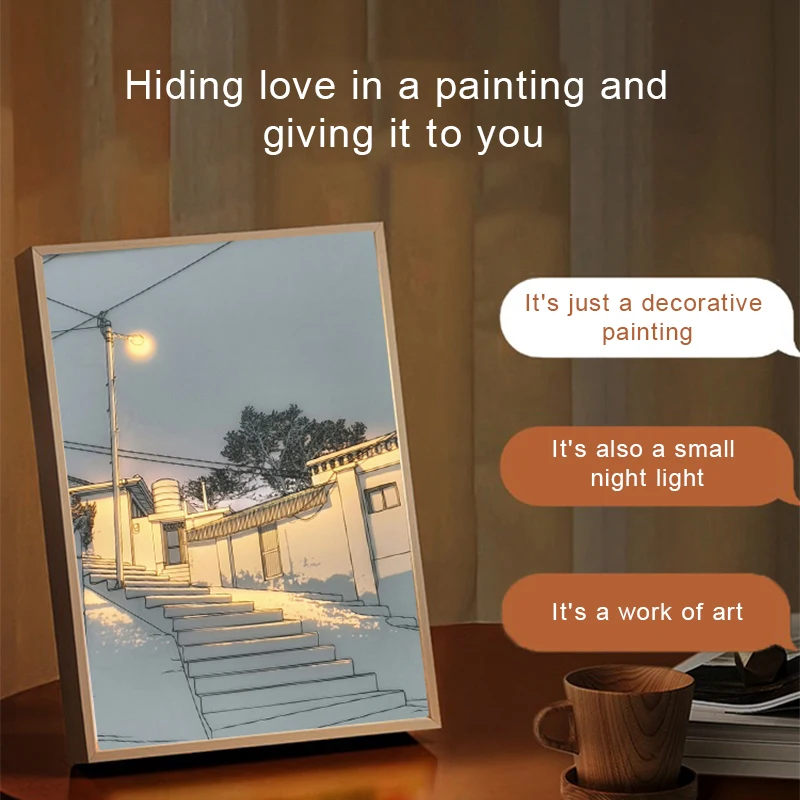 Wall Art Light Painting Night Light Usb Powered Dimming With Wooden
