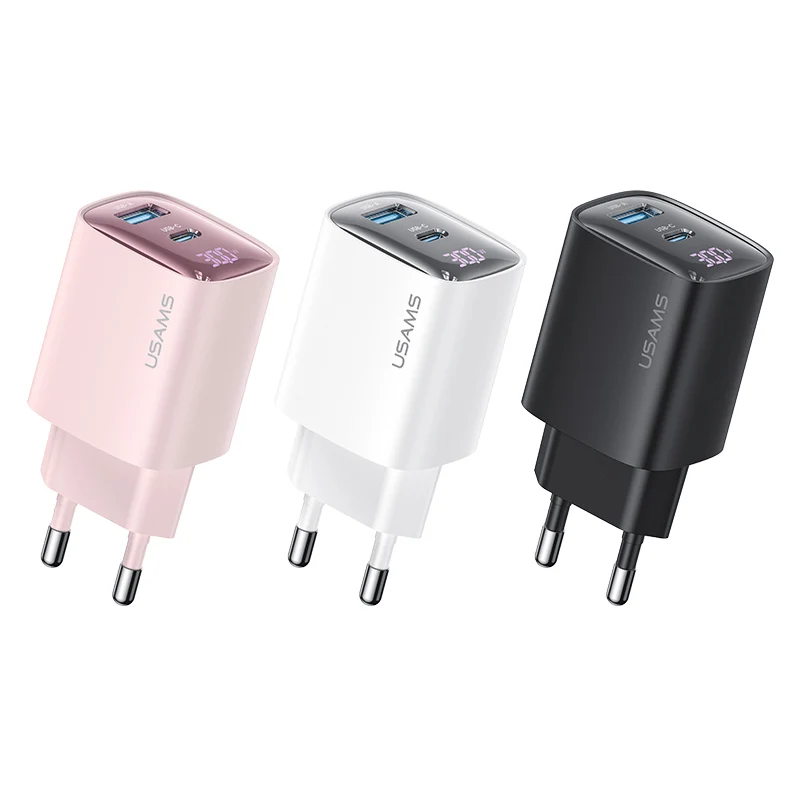 USAMS CC229 Dual USB Type C Port Wall Charger Super Fast 30W GaN Mobile Phone Power Adapter with EU Plug