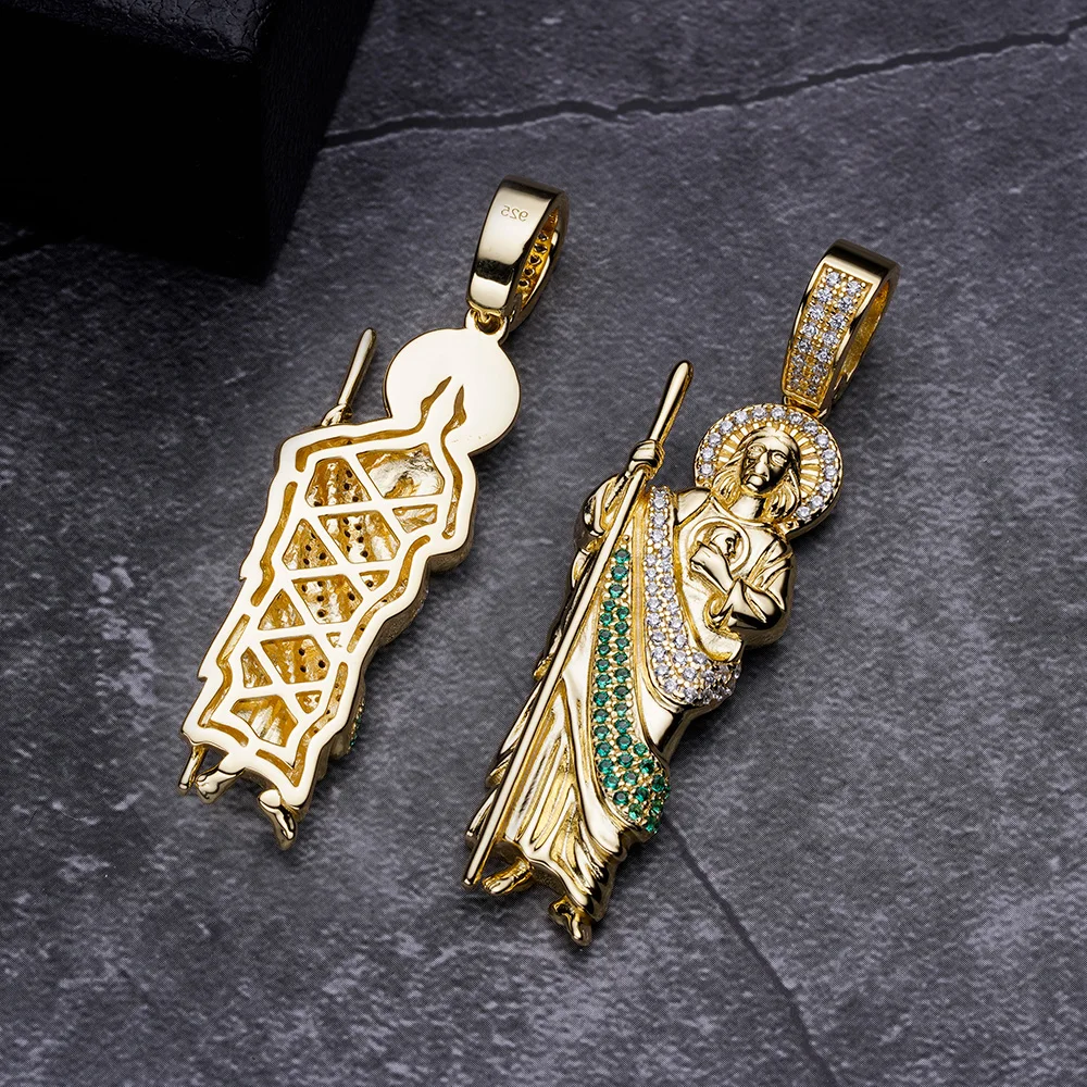 Jewelry Latest Design 14k Two Tones Gold 3d Puffy Saint Jude San Judas Pendant With Green Cz Stone