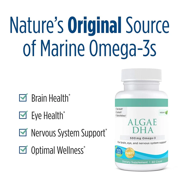 Водоросли DHA - 500 мг, Omega-3 DHA-60, мягкие гели, водоросли, масло на растительной основе, мозг, поддержка глаз и нервной системы, без ГМО-30 порций