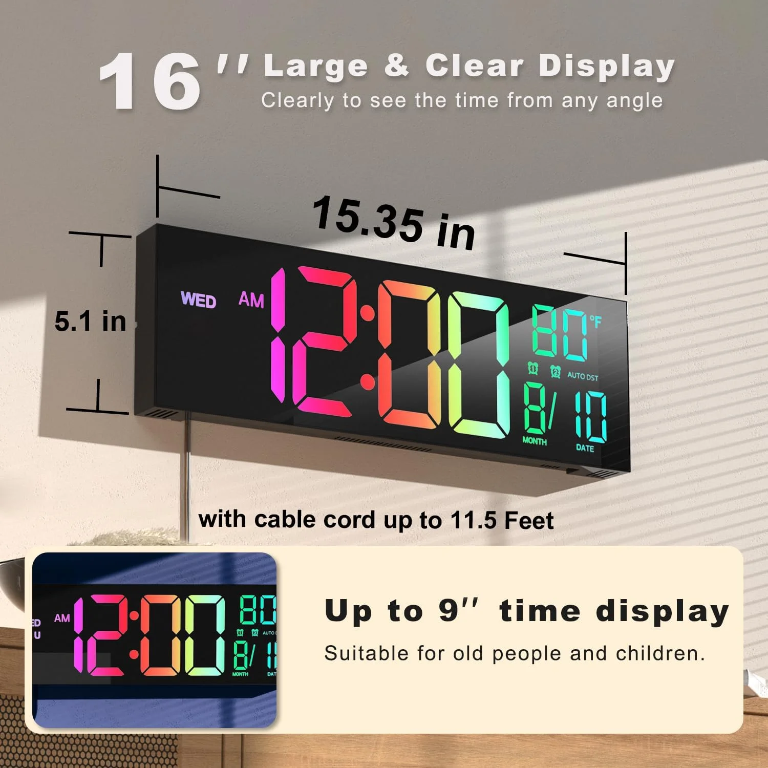 Large 16-inch LED digital clock, remote control, adjustable brightness, temperature and humidity display, ABS for living room