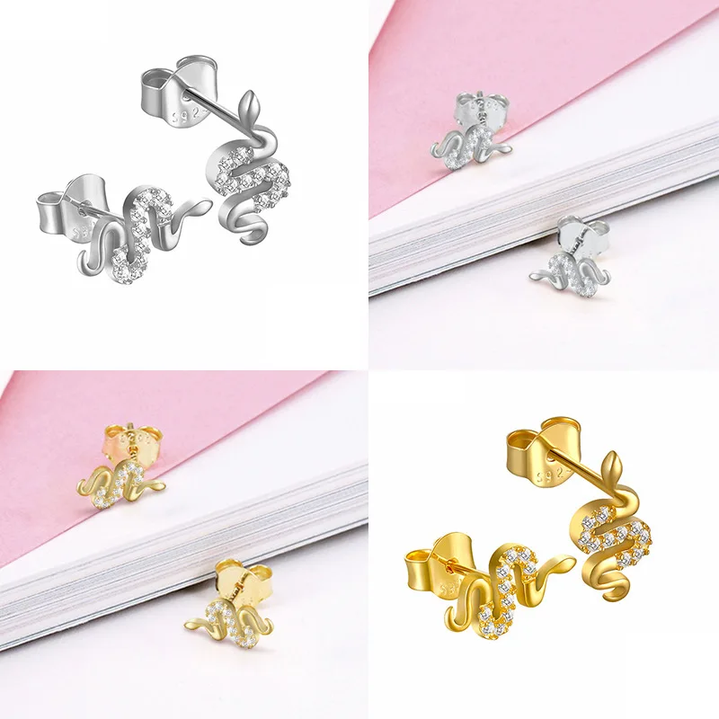 2023 NEW 925 Silver Animal Snake Earrings Luxury Zircon Diamond Minimalist Snake Stud Earrings Gold Plated Jewelry for Women