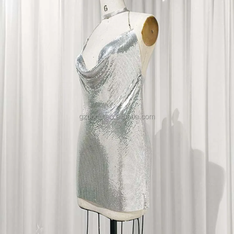 metallic dress womens Lace Up Back Ruching Metallic Short Dress
