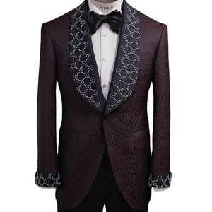 Custom Bespoke Men's Plus Size Dinner Dress Woolen Coat Pants Hand Beading Design Brick Red Breathable Fabric Zipper Fly Closure