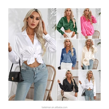 Women's High Quality Button Down Retro V-Neck Slim Long Sleeve Casual Work Shirt Customizable Logo Office Fit