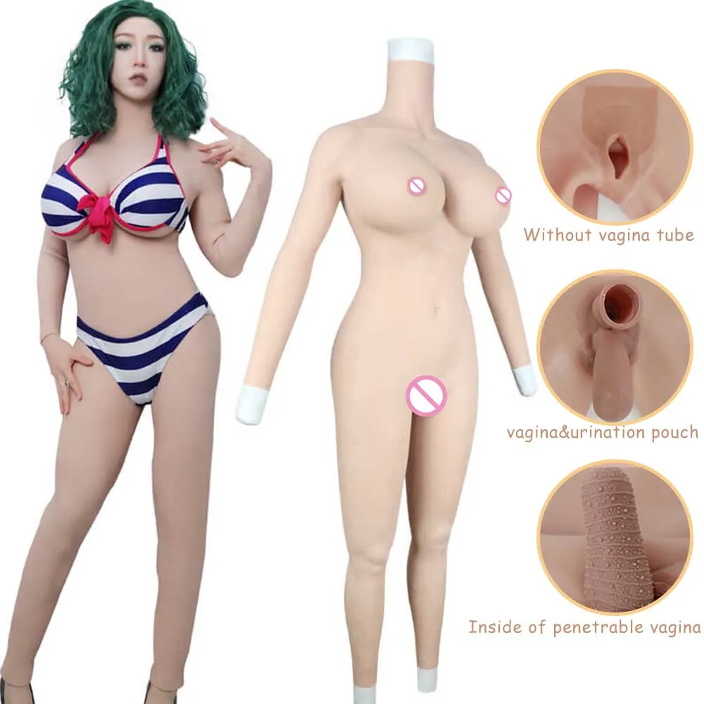 Crossdresser Bodysuit with DE Cup Silicone Breast Form Fake Pussy