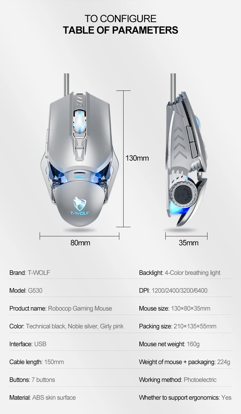 Computer Accessories 4 Colors Breathing Light 150cm Wired Programmatic Game Mouse Switchable DPI Design Office Gaming Mouse