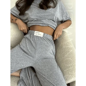 OEM Custom Logo Pyjama Women's Knit Jersey Pajama Set 2 Piece Outfit Lounge Set Short Sleeve Crop Top Wide Leg Pants Tracksuits