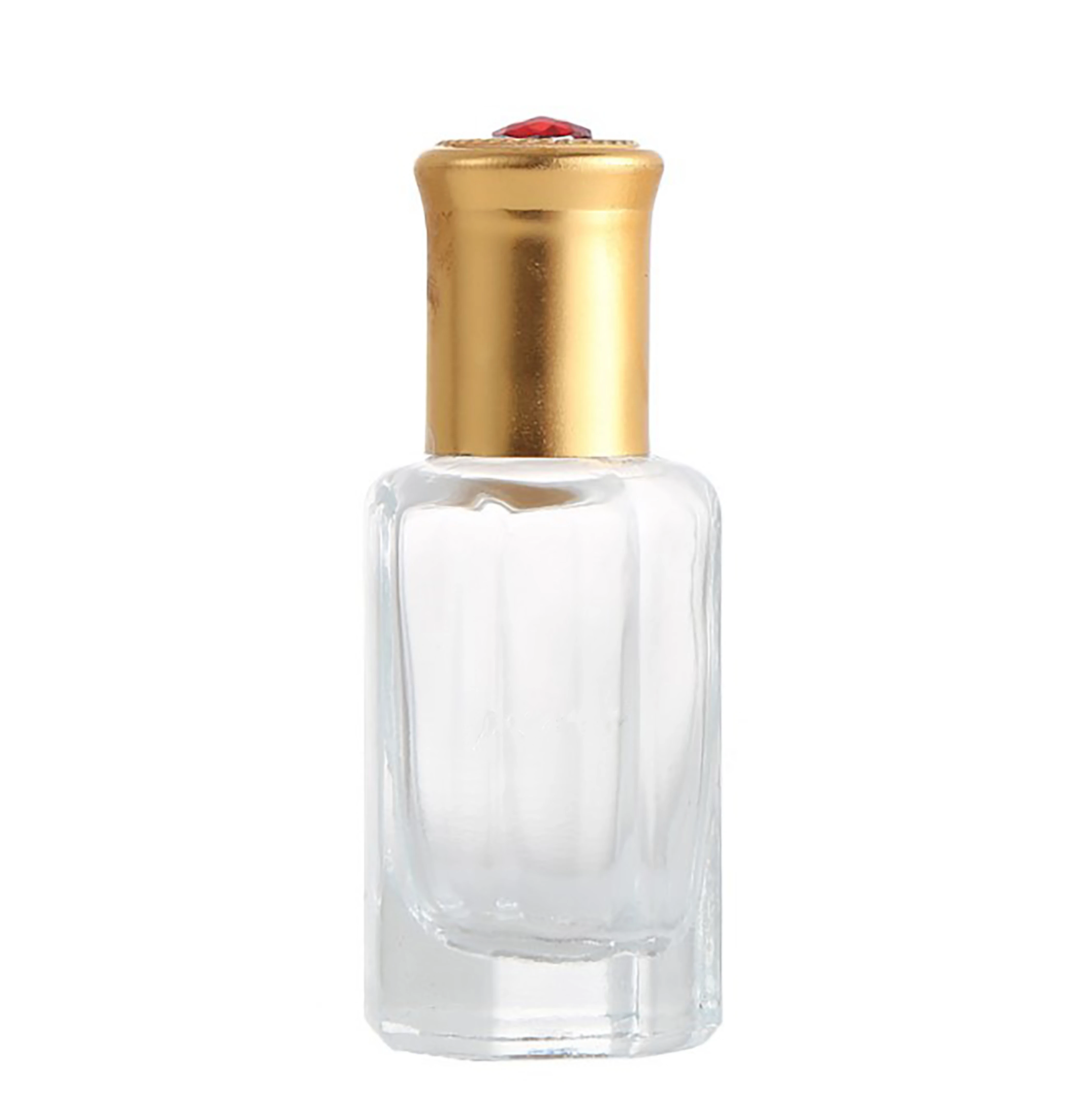 Flacon à bille octogonal en verre transparent de 3 ml, 6 ml, 9 ml, 12 ml, flacon à bille vide pour huile essentielle avec bouchon doré et diamant rouge