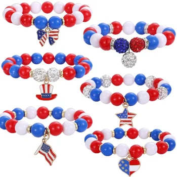 Fashion Beaded Bracelet USA Independence Day Enamel Alloy Star Heart Bow-knot Flag Charm Plastic Rhinestone Bead Bracelets