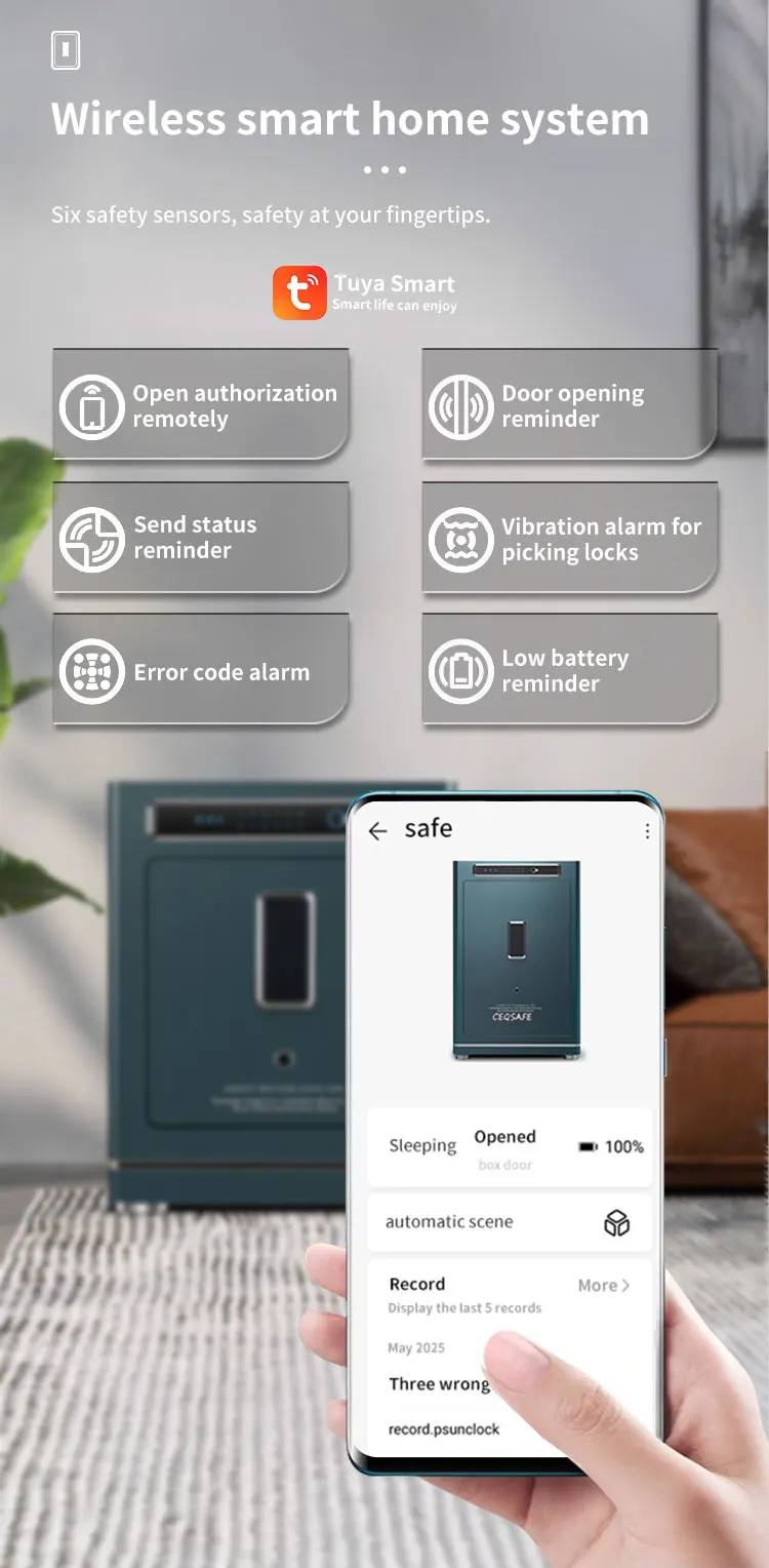 CEQSAFE Home Security Digital TUYA APP Wifi Fingerprint Safe Box Fireproof Steel Household Storage with Key Lock manufacture